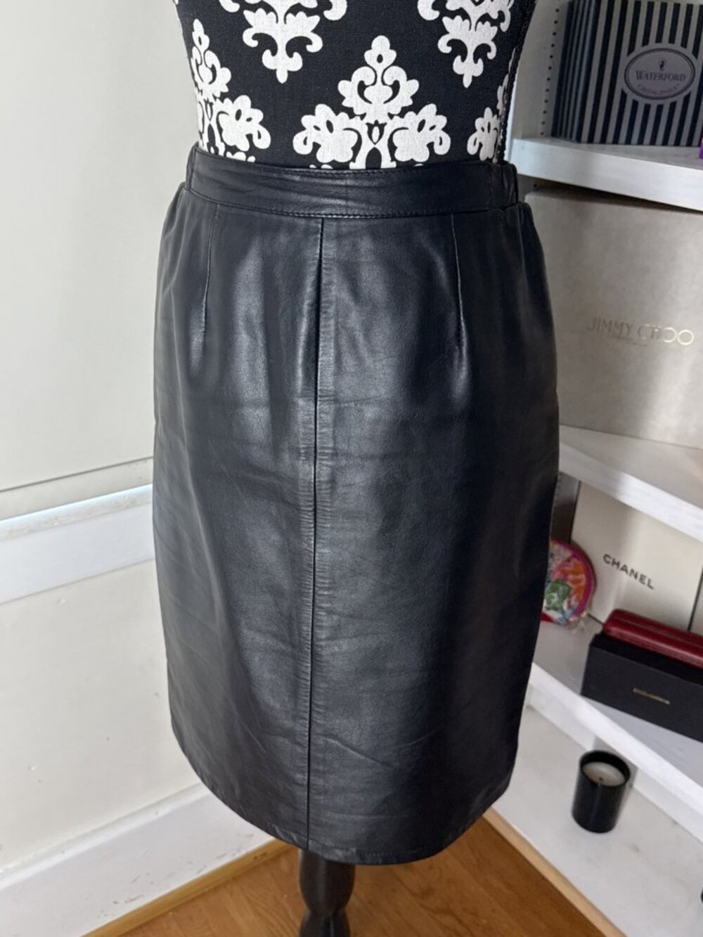 VTG 80'S Jacqueline Ferrar Black Leather 6P Pencil Skirt Lined 27 Glam Rock